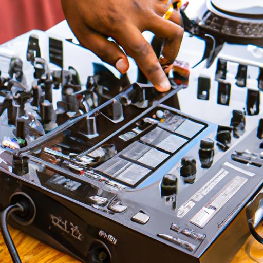 A DJ tries out a new mixer at a rental store before making a purchase.