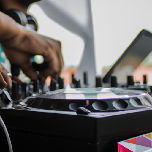 Setting up an ekipo de dj properly is essential for a successful performance. This DJ is carefully placing their equipment in the ideal location.