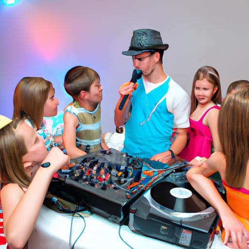 The DJ is engaging with the kids and making them laugh while playing music to keep the party going.