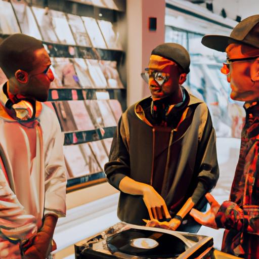 Local DJs gather at a nearby store to talk about new music and equipment.