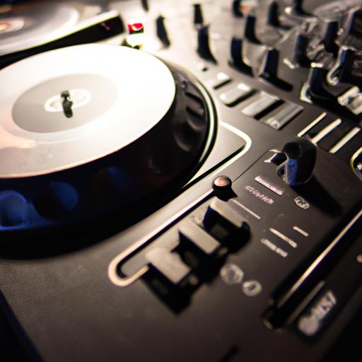The DJ's hands move quickly as they scratch and mix tracks.