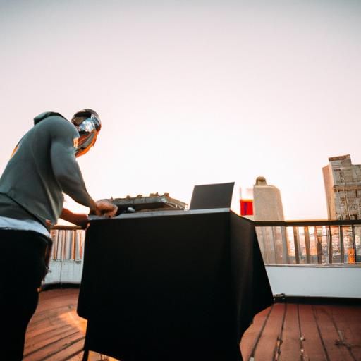 A toast and jam DJ sets the mood for a lively rooftop party with their unique style and approach to music