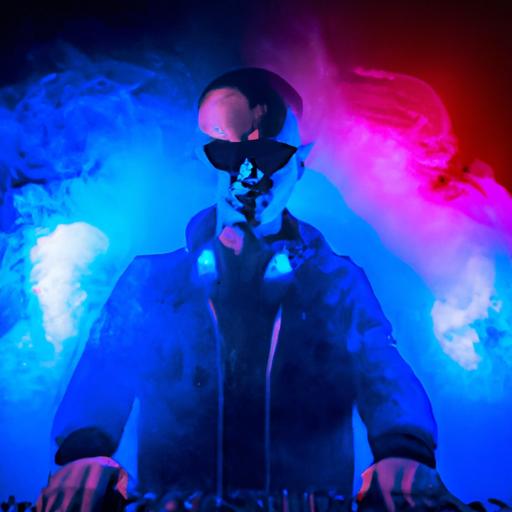 The Villains After Hours DJ creates an enigmatic atmosphere with fog and neon lights during a performance.